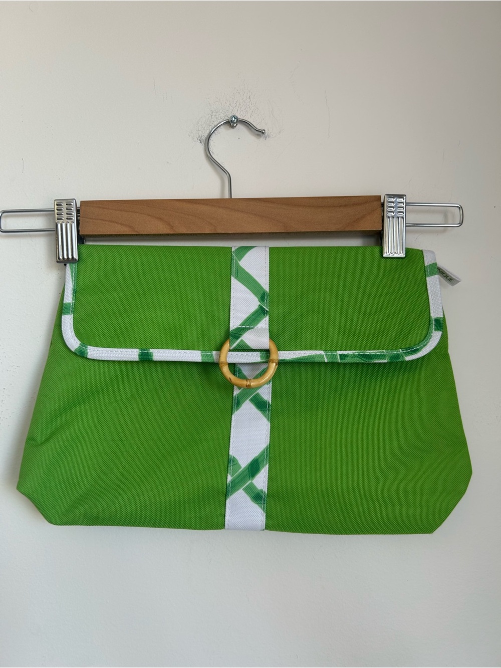 Green Canvas Clutch with White Trim and Bamboo Ring